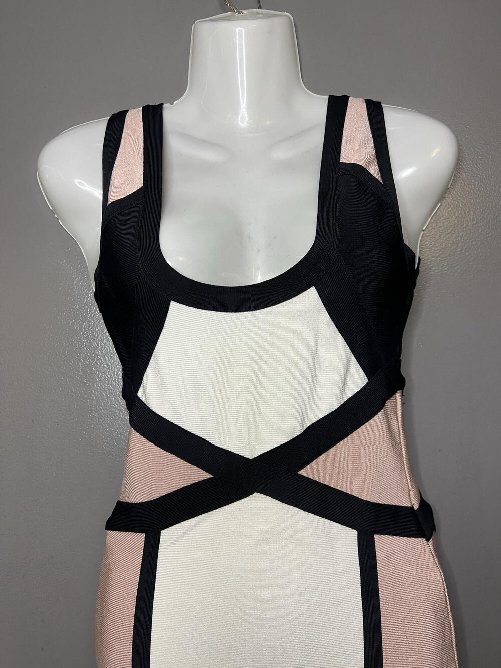 Bebe Dress Womens Small Black White Pink Colorblock Bandage Bodycon Tank Mini